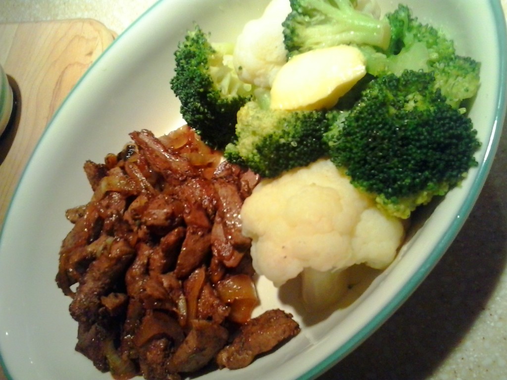Liver & onions with side of steamed broccoli & cauliflower